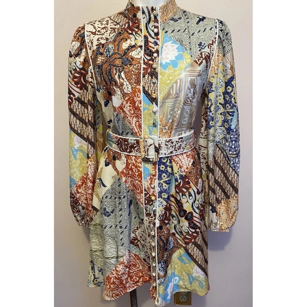 Dalia MacPhee Patchwork Mini Dress Long Sleeve Button Belted Bohemian Chic M - Picture 3 of 6